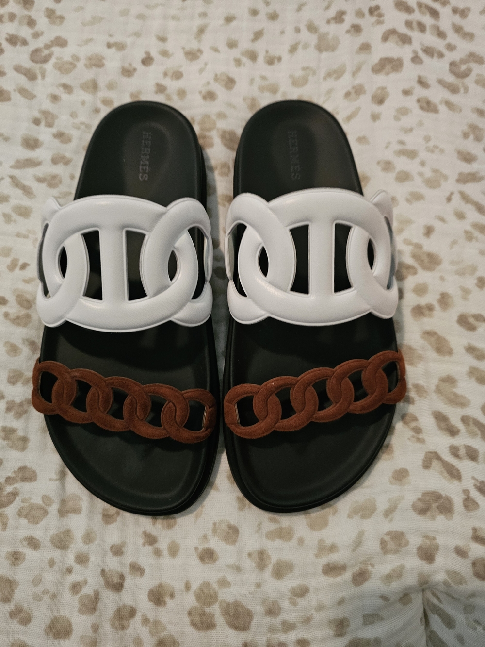 Hermes White & Suede Brown Chain Slide Sandals